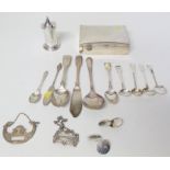 A mixed assortment of silver spoons, cufflinks, a silver case, a pepperette, also two plated