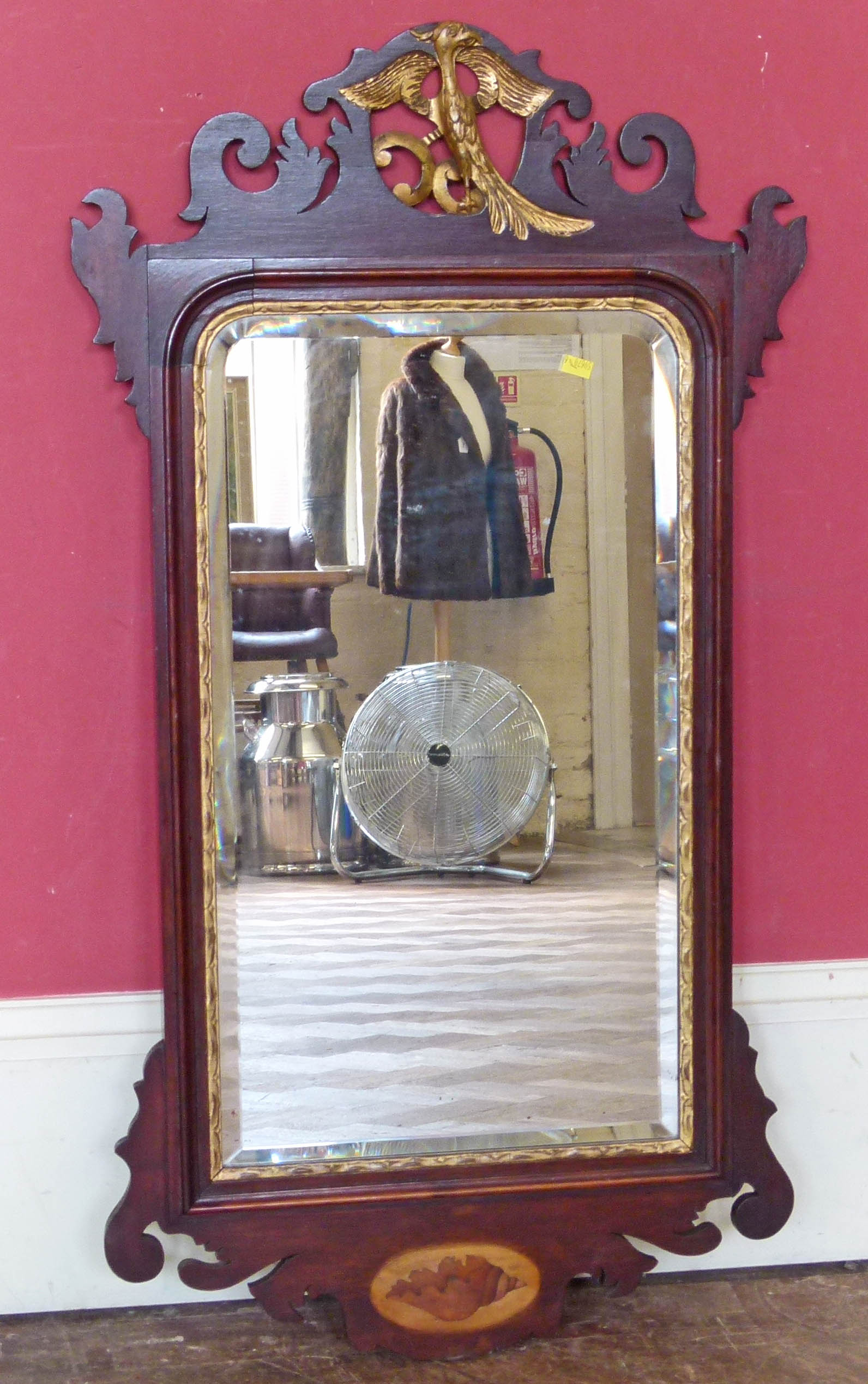 Late 19th century mahogany framed wall mirror pediment with ho ho bird. Condition reports are not