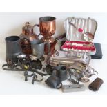 A collection of metal-wares to include a silver plated horse mascot, other silver plated ware,