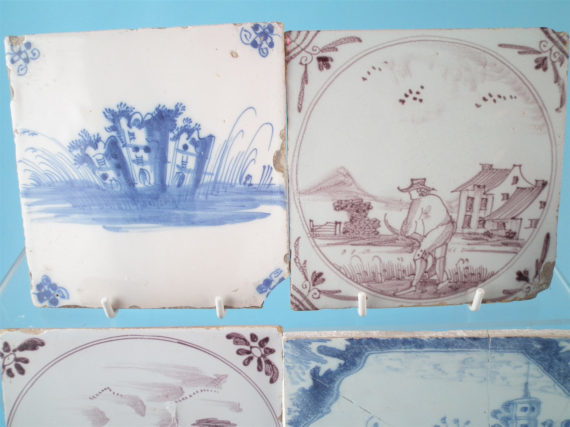 Group of Delft ware, to include five blue and white tiles and two others decorated in manganese, two - Image 5 of 9