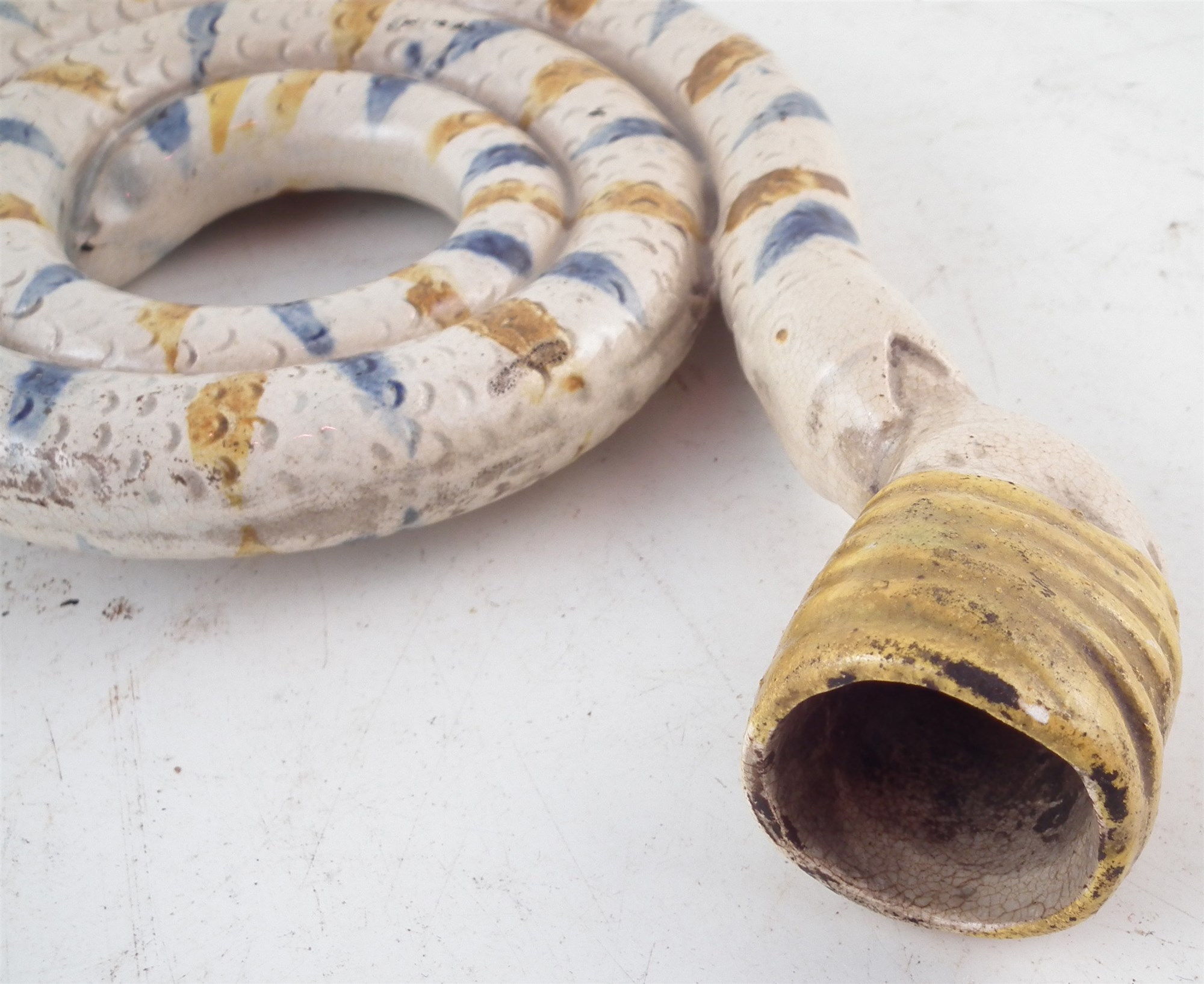 Pratt ware coil snake pipe circa 1800 , painted with blue and ocre glazes, 23cm wide For a condition - Image 6 of 6