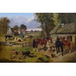 Style of John Frederick Herring Jnr. (1815-1907), Farmyard scene with figure and horses, pigs,