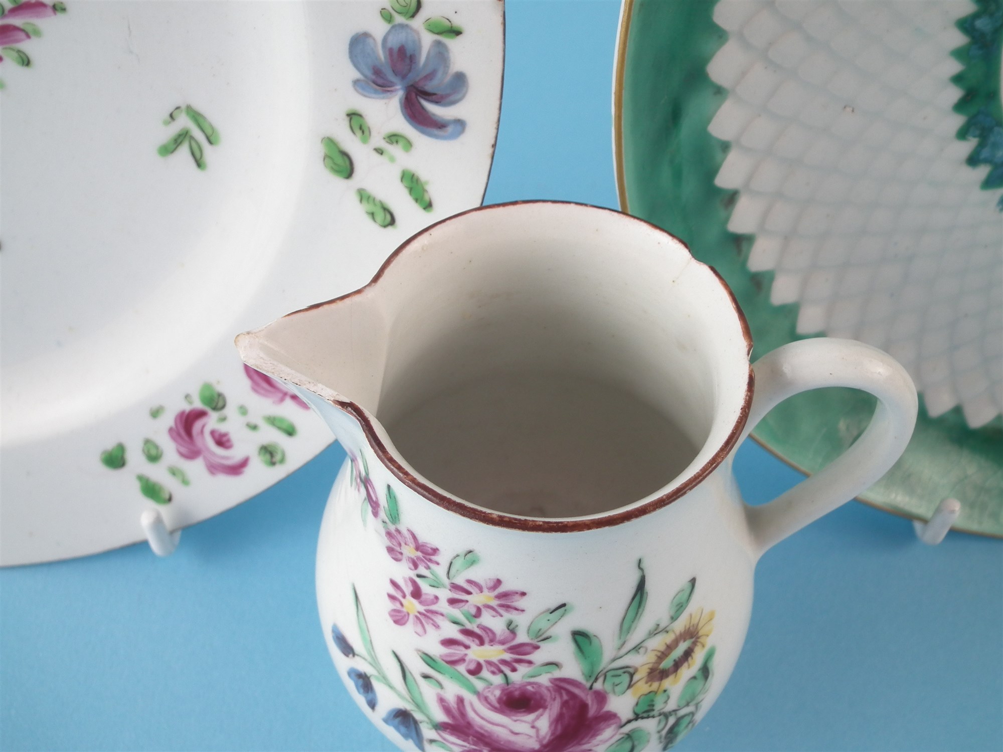 Bow plate cream jug and saucer dish circa 1750-1760 , two painted with flora, one moulded with - Image 3 of 7