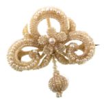Victorian natural seed pearl flower head and scroll drop brooch , the full set brooch comprising