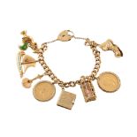 9ct gold charm bracelet with assorted 9ct gold charms, curb link bracelet with safety chain and