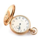 Waltham 9ct gold full hunter pocket watch , white enamelled dial, Arabic numerals, subsidiary