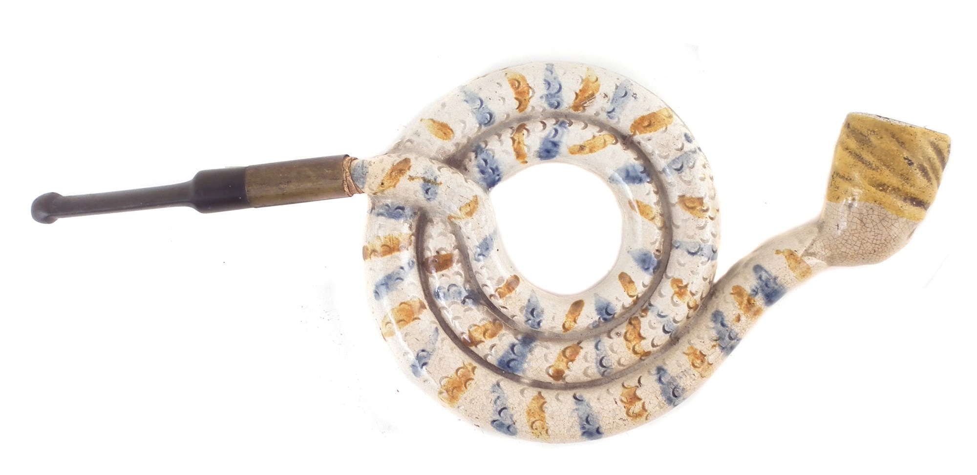 Pratt ware coil snake pipe circa 1800 , painted with blue and ocre glazes, 23cm wide For a condition