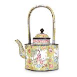 A 19th century Chinese enamel quatrefoil teapot. With famille en rose floral design and scenes of