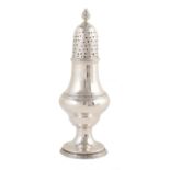 Irish silver sugar sifter , plain polished baluster form on pedestal foot, pierced decoration finial