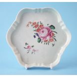 Liverpool Chaffers teapot stand circa 1760 of hexagonal section painted with a floral spray, 14cm