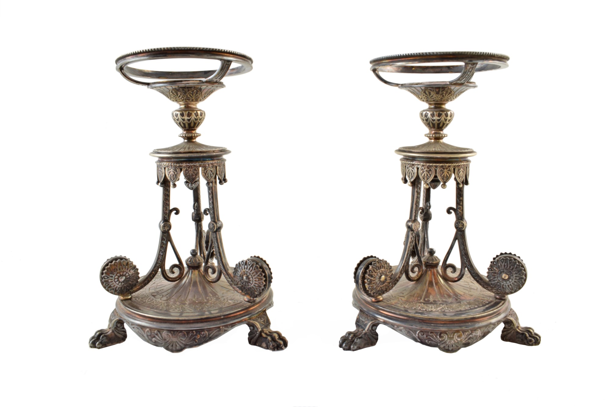 Elkington & Co. silver plated tazza stands , ornate stylized flower head and scroll tripod stem,