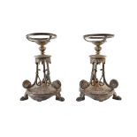 Elkington & Co. silver plated tazza stands , ornate stylized flower head and scroll tripod stem,