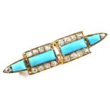 Victorian turquoise and diamond gold bar brooch , torpedo shaped brooch set with four central
