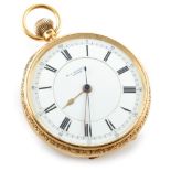 18ct gold pocket watch with stop watch function by M.J. Russell, London , white enamelled dial,