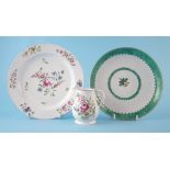 Bow plate cream jug and saucer dish circa 1750-1760 , two painted with flora, one moulded with