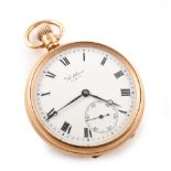9ct gold Waltham pocket watch , white enamelled dial, Roman numerals, subsidiary seconds dial, crown