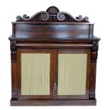 Victorian rosewood veneered chiffonier, top with platform shelf decorated with shell and scroll