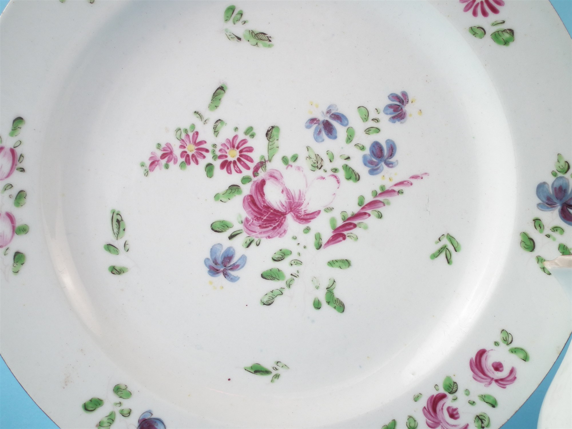 Bow plate cream jug and saucer dish circa 1750-1760 , two painted with flora, one moulded with - Image 2 of 7