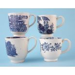 Four Liverpool Penningtons coffee cups circa 1780 , one printed with flora, two with pagodas in