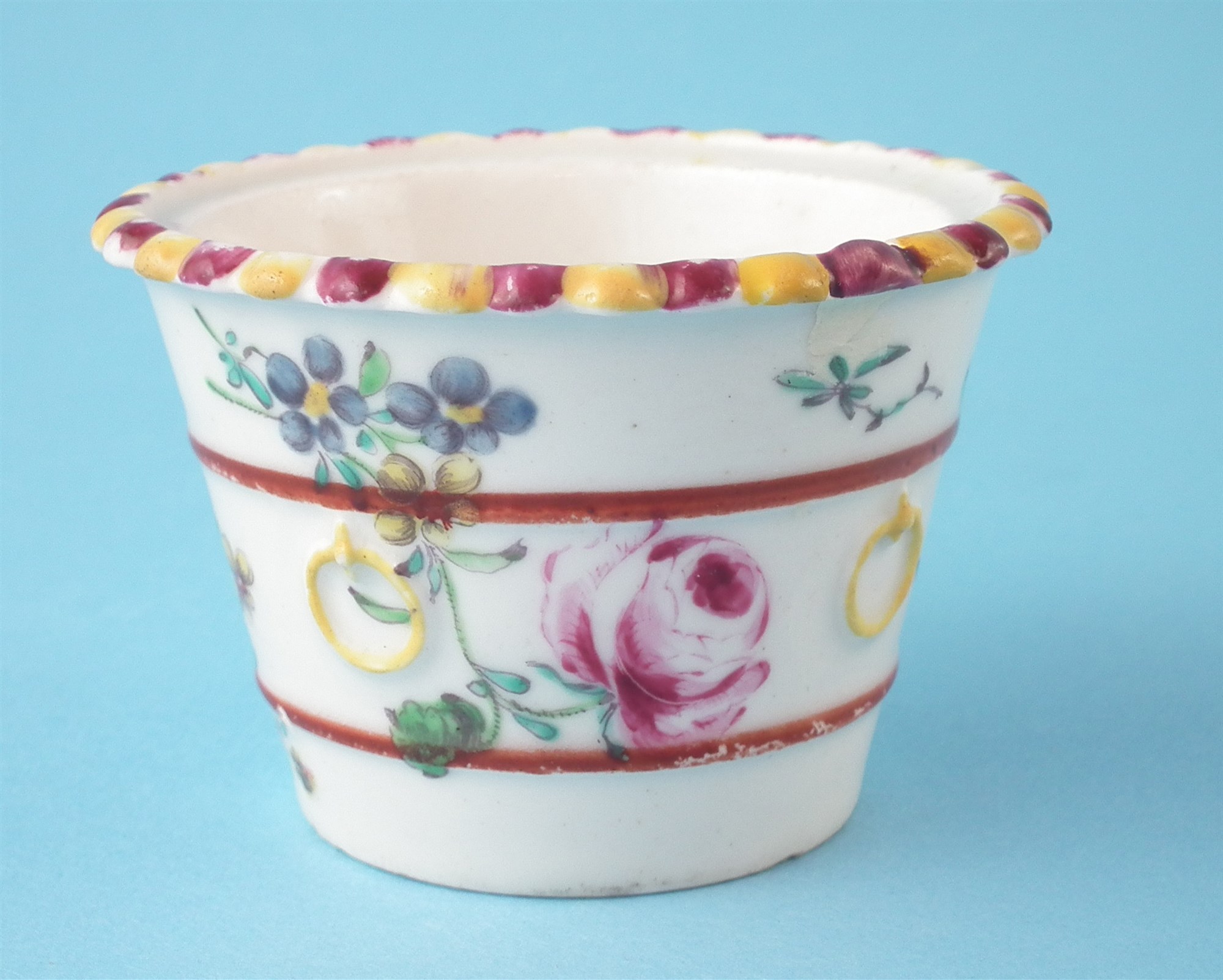 Bow flower pot tub circa 1750, painted with flora, incised 12 to base, 4.5cm high For a condition - Image 2 of 4