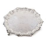 George III silver salver , hexagonal form body on three paw feet, shell and gadroon border