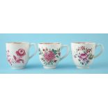 Three Liverpool Christians coffee cups circa 1770, both with reeded handles painted with flora, (