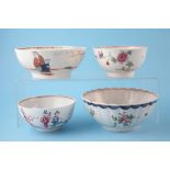 Four Liverpool slop bowls circa 1770-1780, one by Seth Pennington painted with 'Family Quarrel'