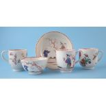 Liverpool Pennington tea bowl and saucer and three coffee cups circa 1780 , two cups painted with