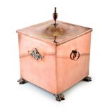 An Edwardian copper coal scuttle. With vase finial, acanthus branch embellishment and ring