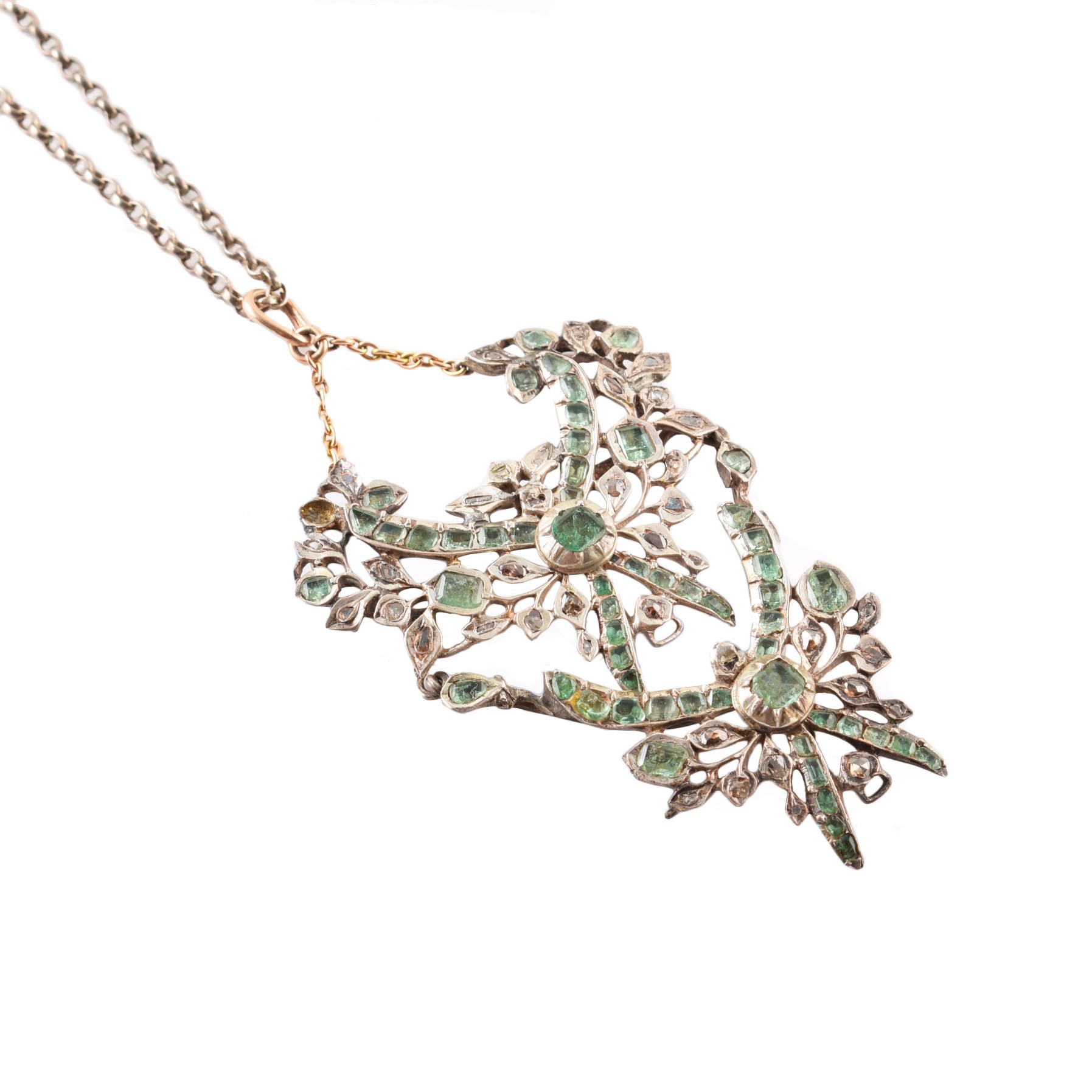 Emerald and diamond set two-section drop garland style pendant and chain , full rubover and grain