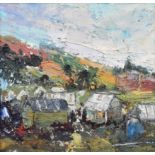 Stephen Stringer, 20th century, "Allotments", titled on artist's label verso, oil on board, 27 x