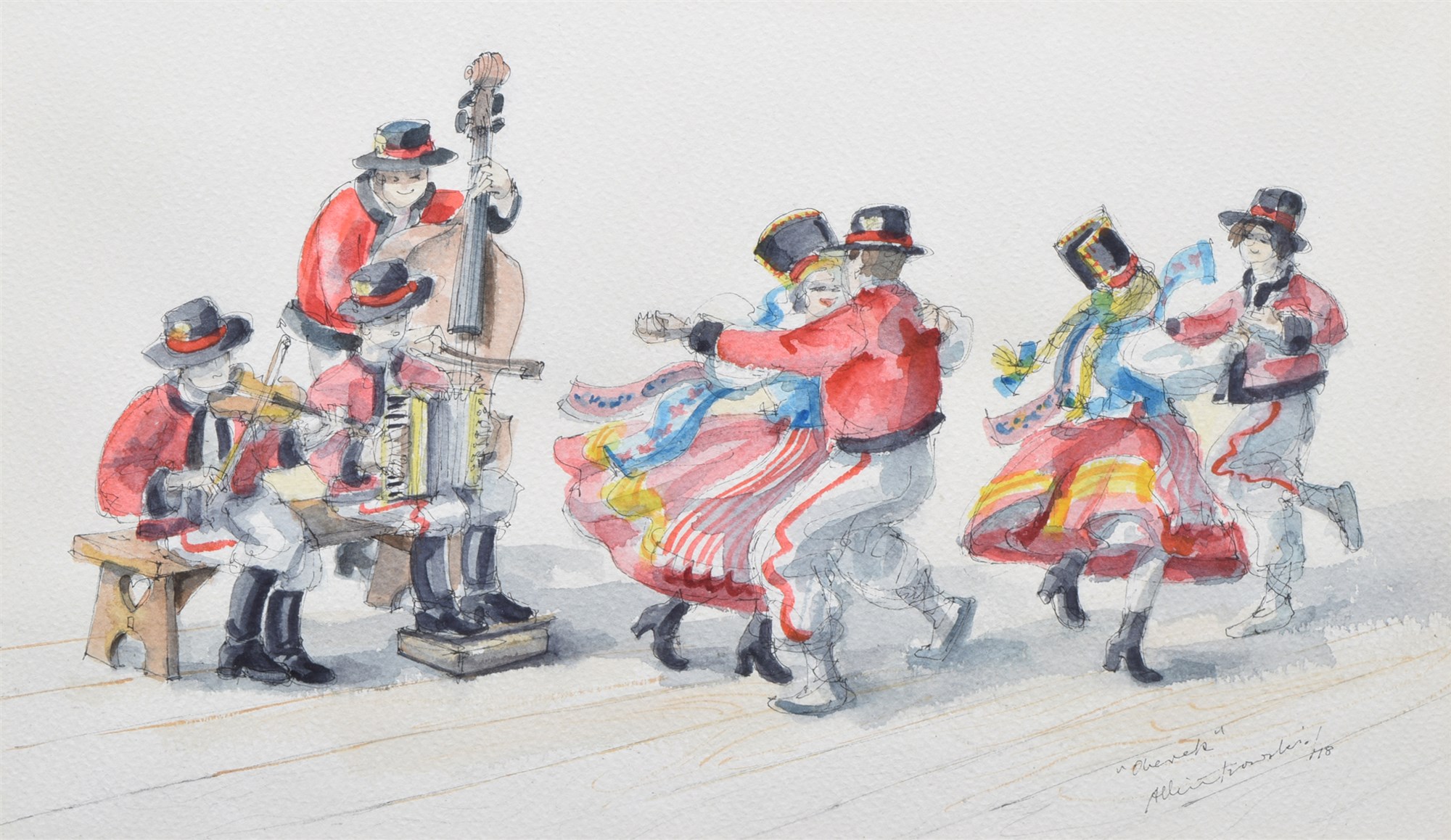 Albin Trowski (1919-2012), Three musicians and two others, all signed and dated, watercolours and