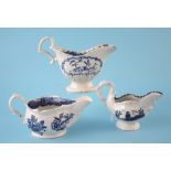 Three Liverpool Penningtons cream boats circa 1780, one moulded with shells printed with Lady