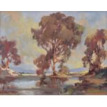 Johan Oldert (South African, 1912-1984), River scene with trees, signed, oil on board, 20 x 25cm,