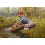 D.T. Richard, 20th century, Washerwoman by a stream, signed, oil on canvas, 61.5 x 88.5cm, 24.25 x