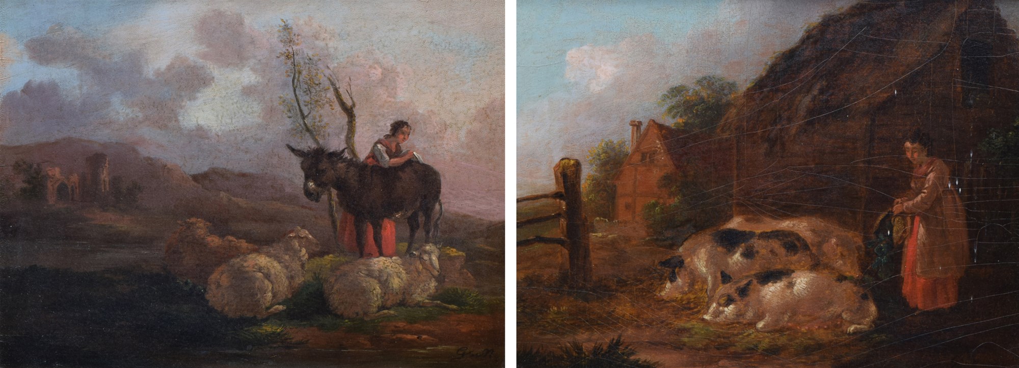 Attributed to George Morland (British, 1763-1804), Rural landscapes with female figures with pigs,