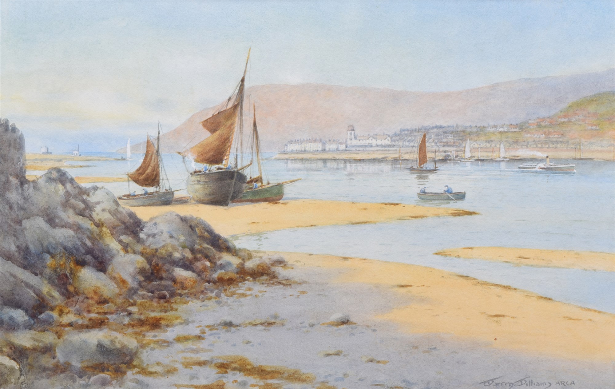 Warren Williams A.R.C.A. (1863-1918), Beached boats near Marine Walk, Conwy opposite Deganwy showing