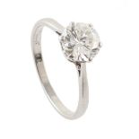 1.36ct diamond platinum solitaire ring , round brilliant cut diamond in six claw setting, weighing