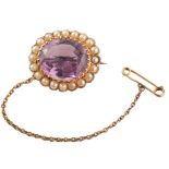 Victorian amethyst and seed pearl oval cluster yellow gold brooch , central oval mixed cut