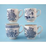 Four Liverpool Christian's coffee cups circa 1775, three printed, the forth painted with under glaze