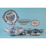 Collection of blue transfer printed pottery, to include a supper dish and cover, feeding cup, four