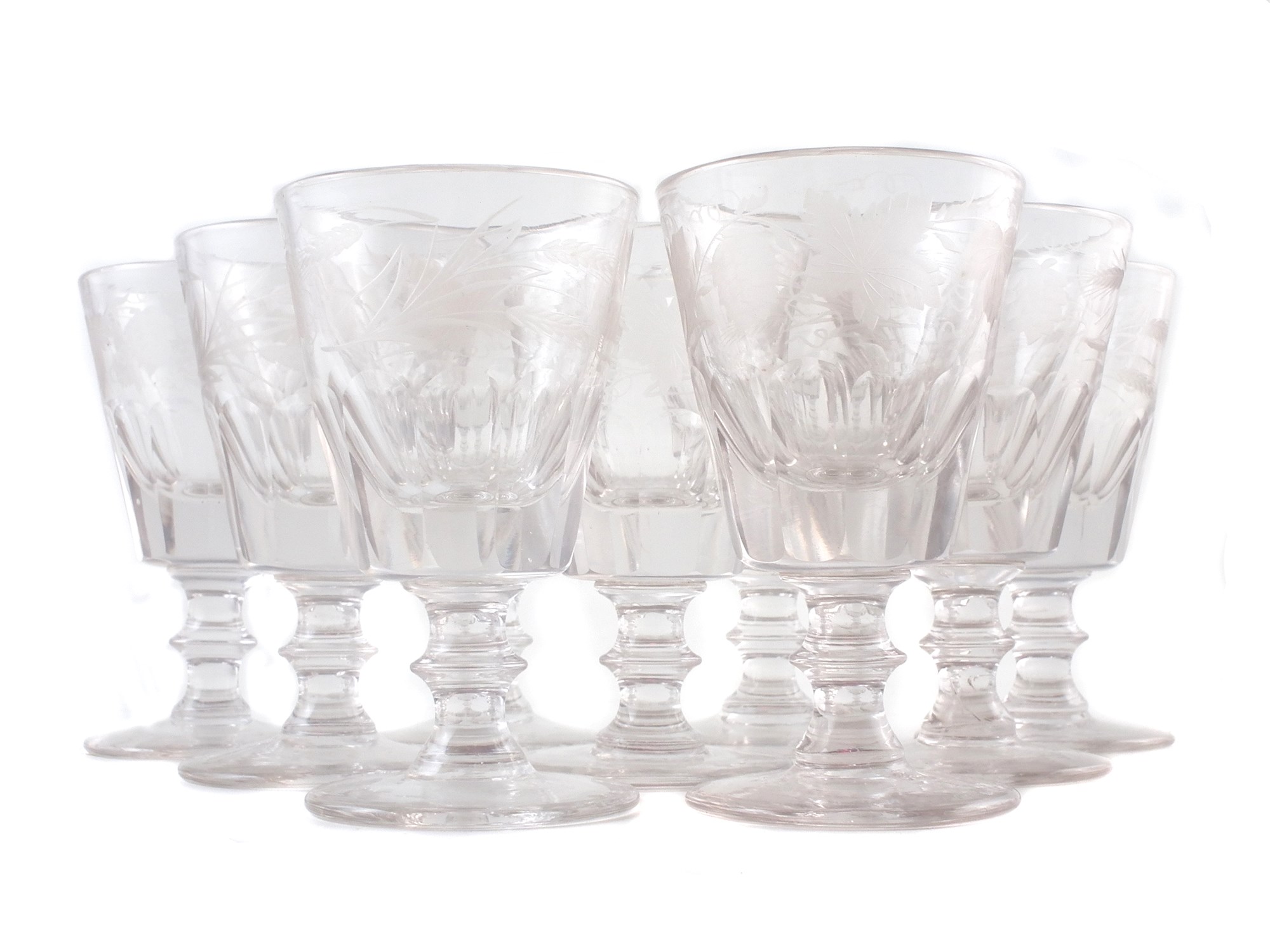 Nine mid 19th century ale glasses , the bowls engraved with hops, leaves and barley, 12.5cm high For