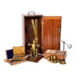 A late 19th century brass microscope by Edmund Wheeler, London. The brass binocular microscope is