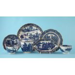 Collection of Caughley blue and gilt printed ware circa 1780-1790, printed with Temple, Pagoda, Full
