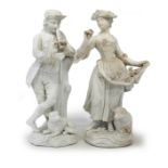 Pair of Meissen biscuit porcelain figures, modelled as a Shepherd and Shepherdess, with dog and