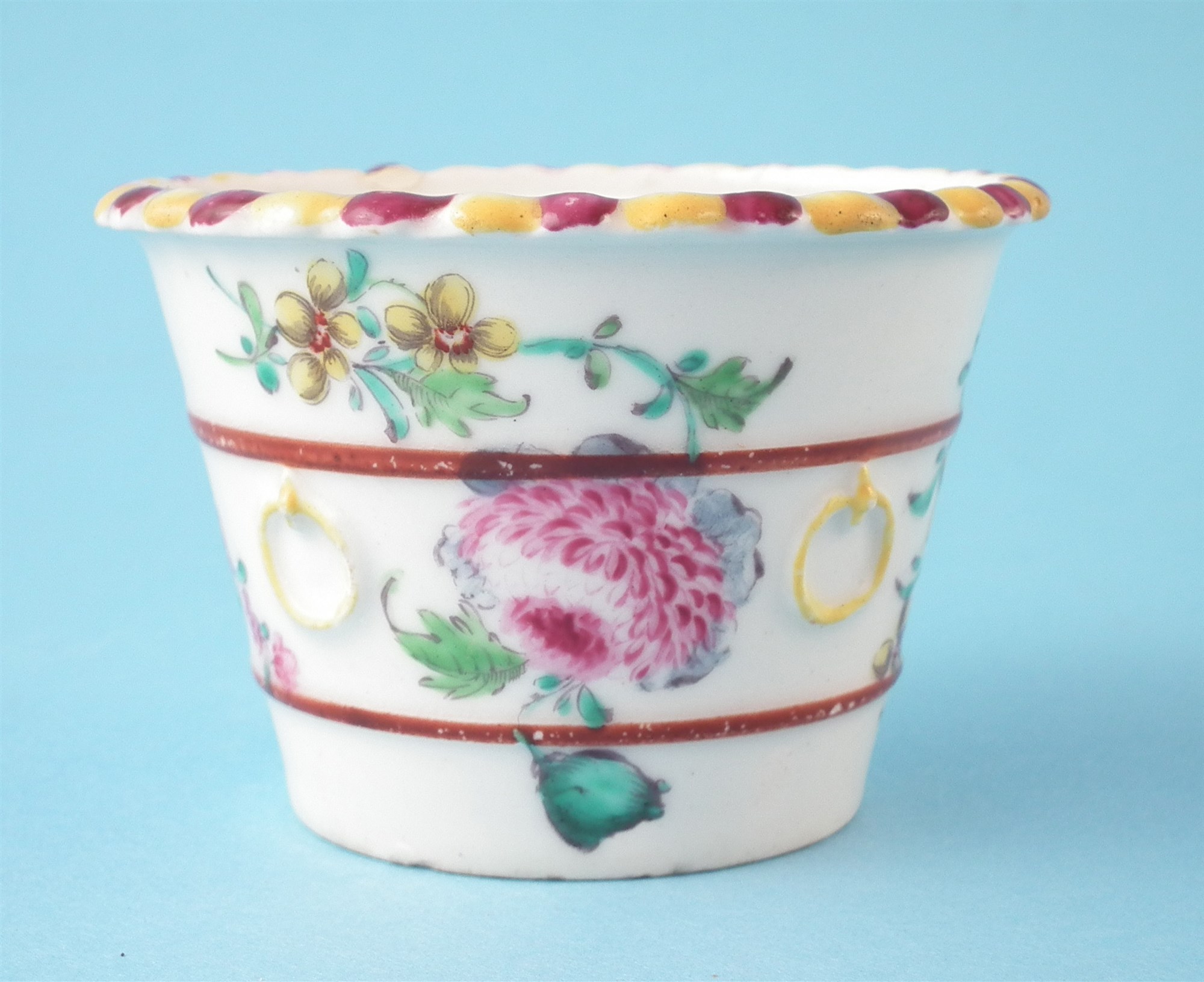 Bow flower pot tub circa 1750, painted with flora, incised 12 to base, 4.5cm high For a condition