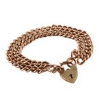9ct gold two-row bracelet and heart-shaped padlock fastener , rose gold bracelet comprising 2 curb-