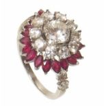 Diamond and ruby 18ct white gold 3-tiered floral cluster ring with diamond set shoulders , central