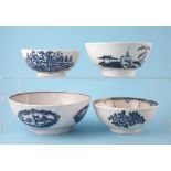 Four Liverpool bowls circa 1770-1790 , one by Christians printed with a landscape, another by