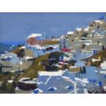 Ken Howard R.A. (1932-), " Santorini , Morning Light Effect", signed, titled on label verso, oil